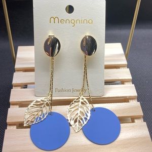 Meng Nina Golden Leaf  Blue Circle Fashion Statement Earrings